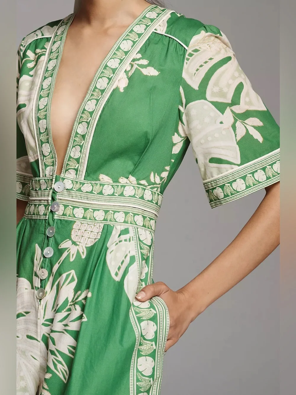 FARM Rio Green & Cream Lace Monstera V-Neck Jumpsuit with Button Front Wide Leg - Picture 9 of 9
